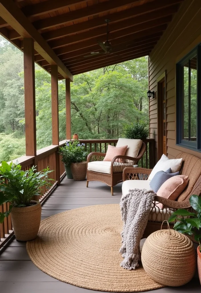 10 Cabin Front Porch Ideas for Natural Rustic Comfort - 3. Woven Textiles
