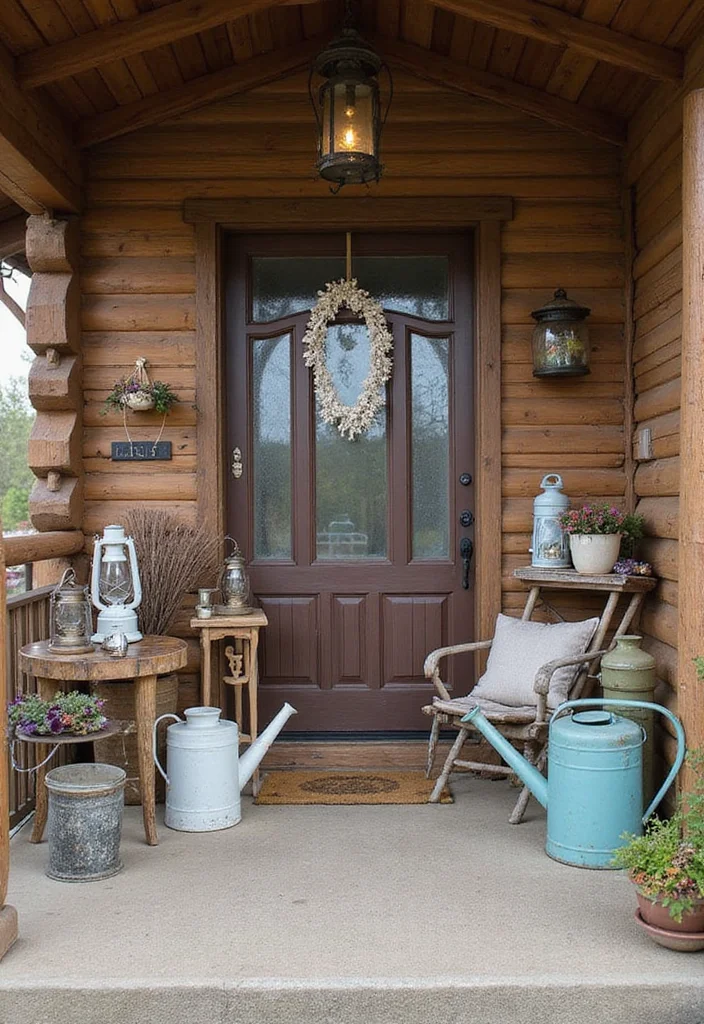 10 Cabin Front Porch Ideas for Natural Rustic Comfort - 7. Vintage Accessories