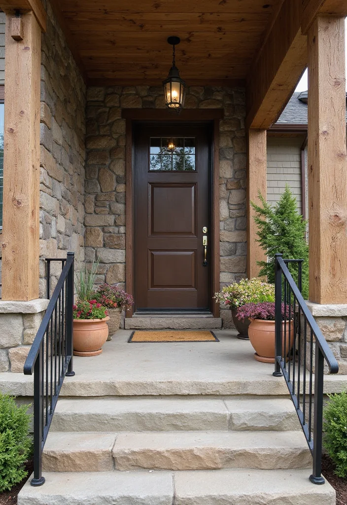 10 Cabin Front Porch Ideas for Natural Rustic Comfort - 9. Natural Material Accents