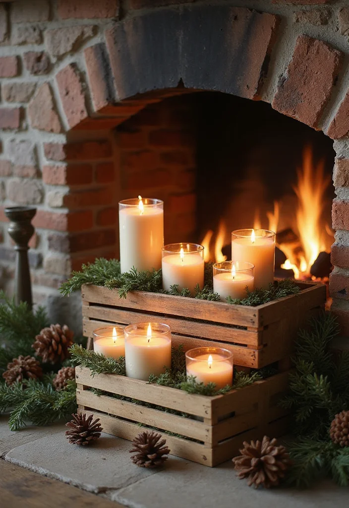 10 Candles in Fireplace Ideas for Cozy Safe Glow - 1. Rustic Wooden Crates