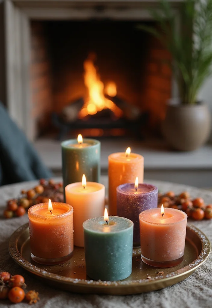 10 Candles in Fireplace Ideas for Cozy Safe Glow - 3. Colorful Candle Arrangements
