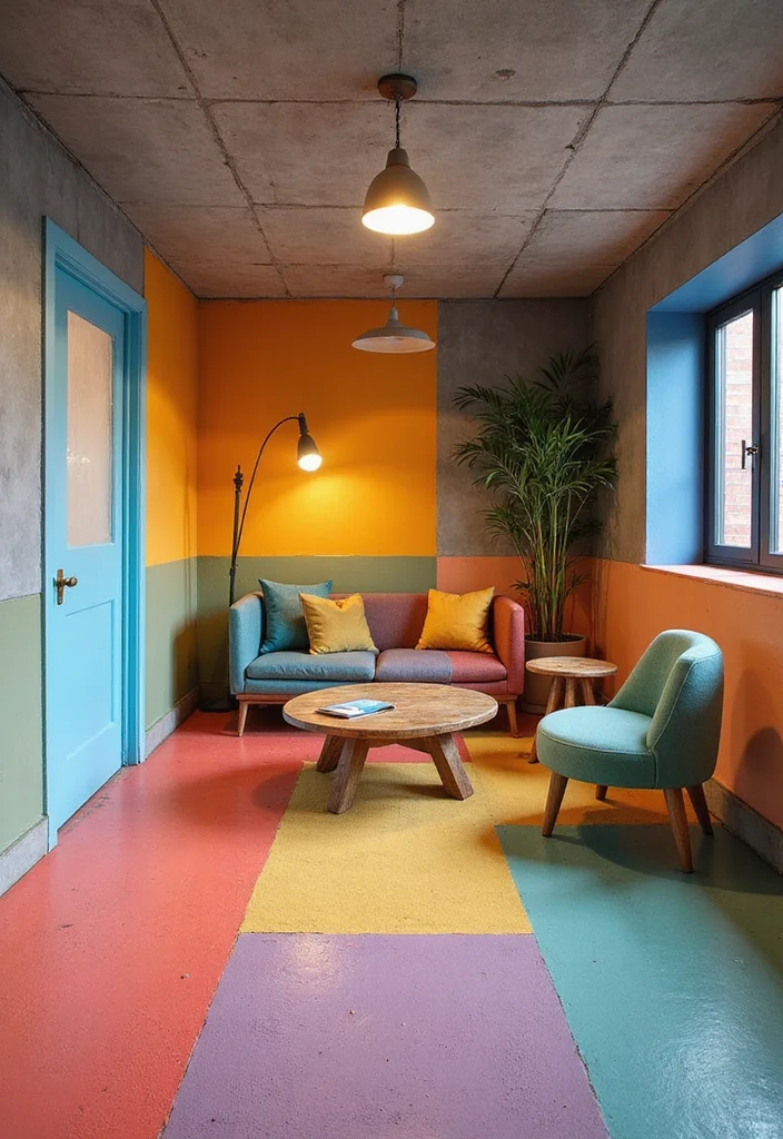 10 Concrete Basement Wall Ideas for an Industrial Modern Look - 8. Colorful Concrete Accents