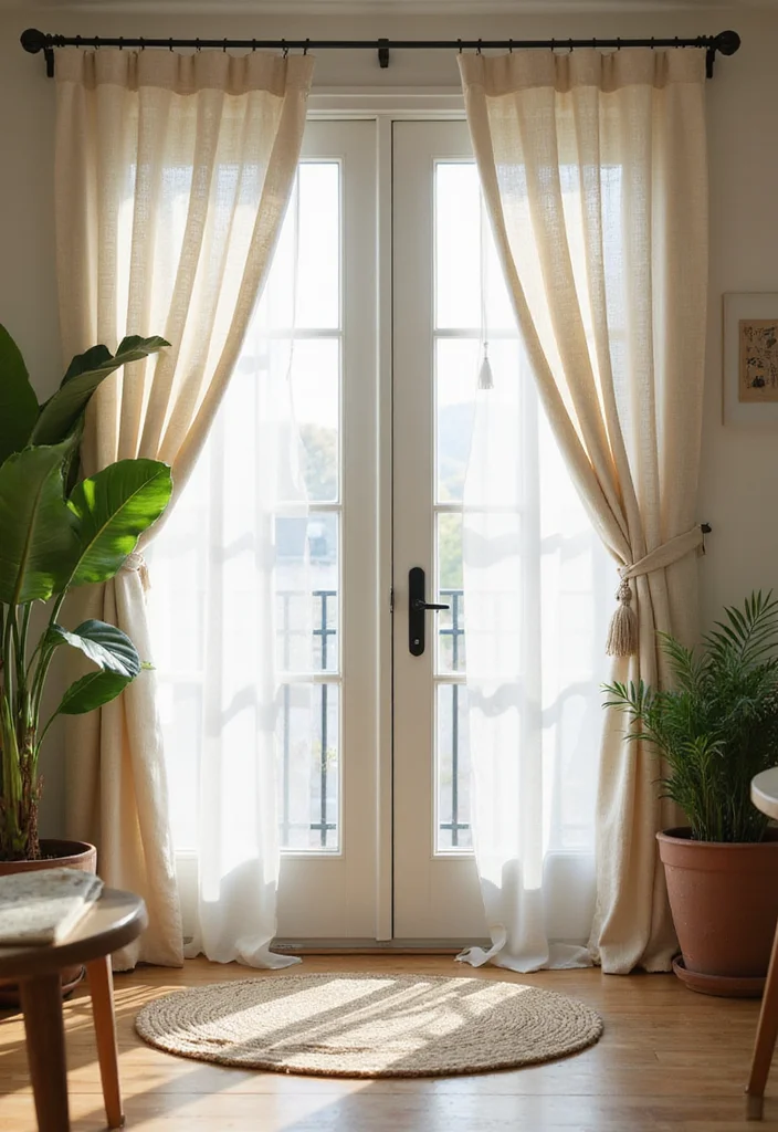 10 French Door Curtain Ideas for Privacy and Light Balance - 1. Breezy Linen Panels