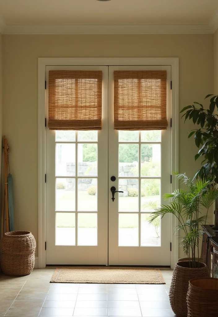10 French Door Curtain Ideas for Privacy and Light Balance - 2. Bamboo Roll-Up Shades
