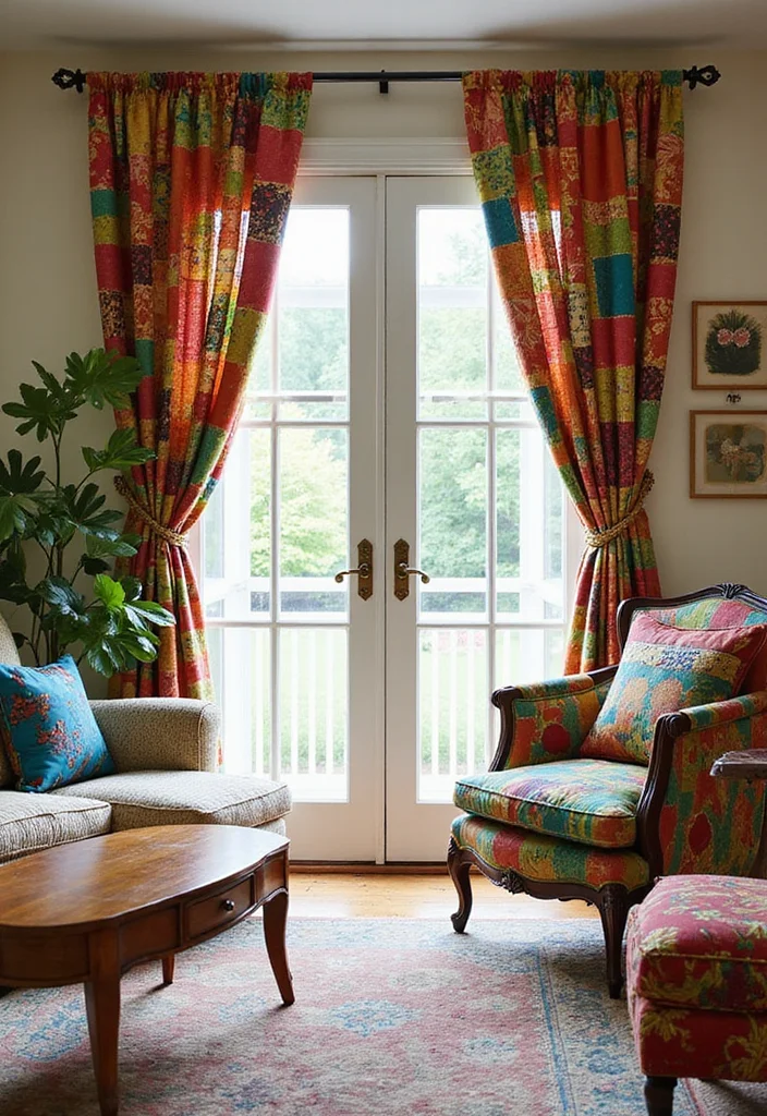 10 French Door Curtain Ideas for Privacy and Light Balance - 5. Upcycled Fabric Curtains