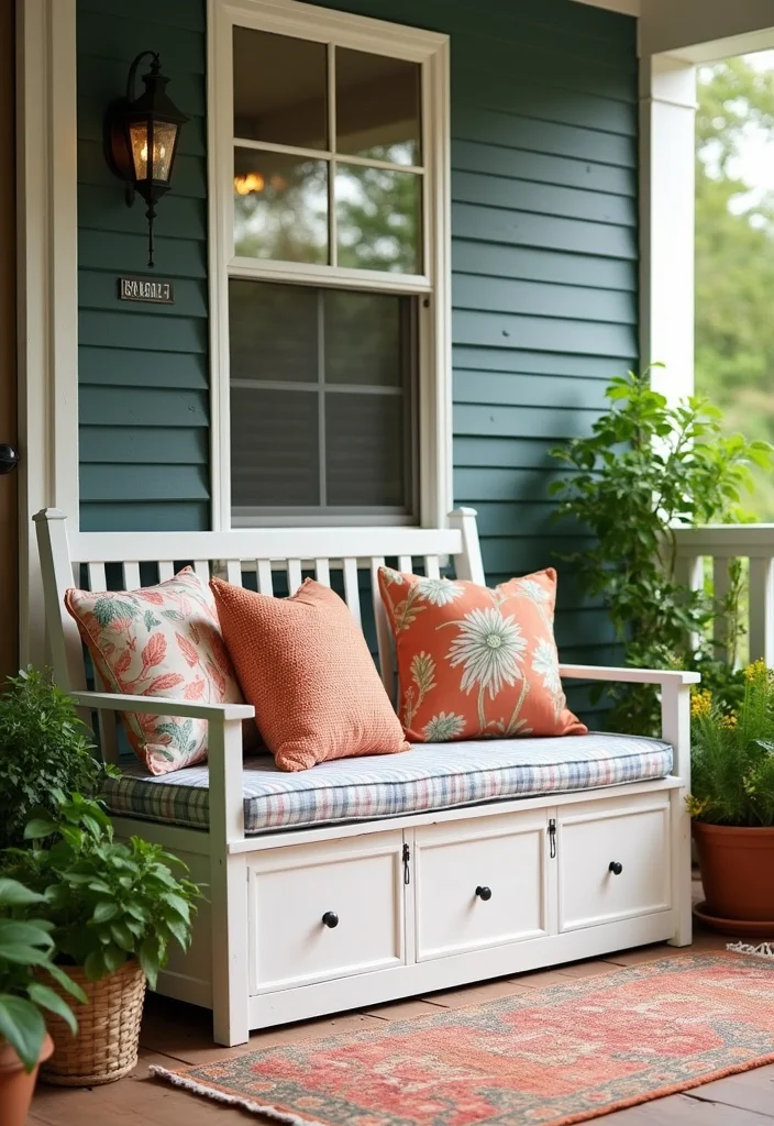 10 Front Porch Extension Ideas for Added Space and Function - 3. Add a Bench with Storage
