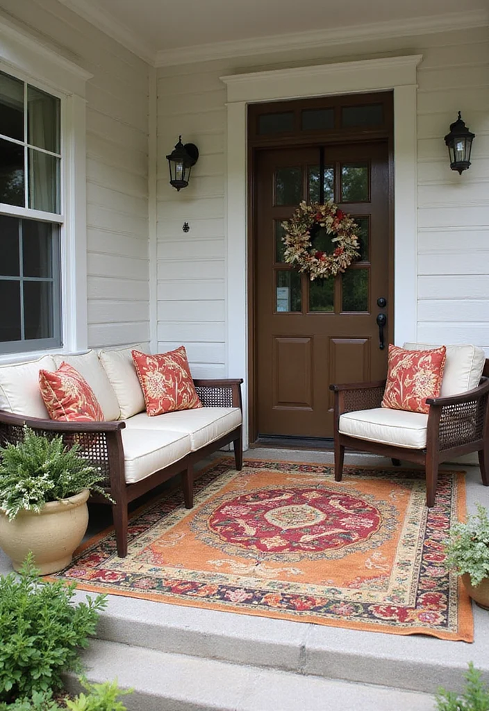 10 Front Porch Extension Ideas for Added Space and Function - 6. Use Outdoor Rugs