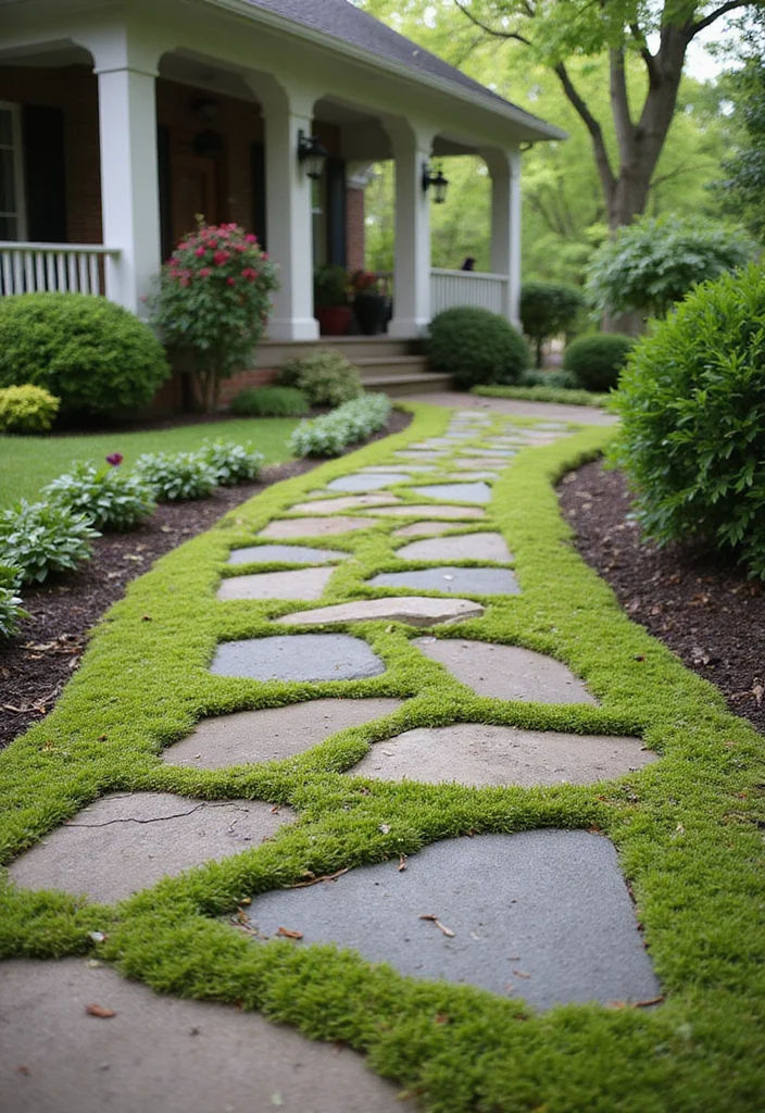 10 Front Porch Walkway Ideas for Smooth Attractive Access - 3. Stone Pavers with Moss