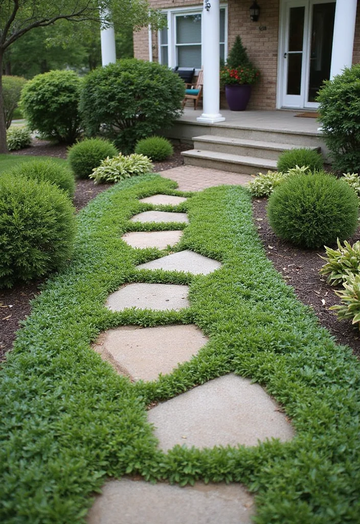 10 Front Porch Walkway Ideas for Smooth Attractive Access - 6. Stepping Stones with Ground Cover