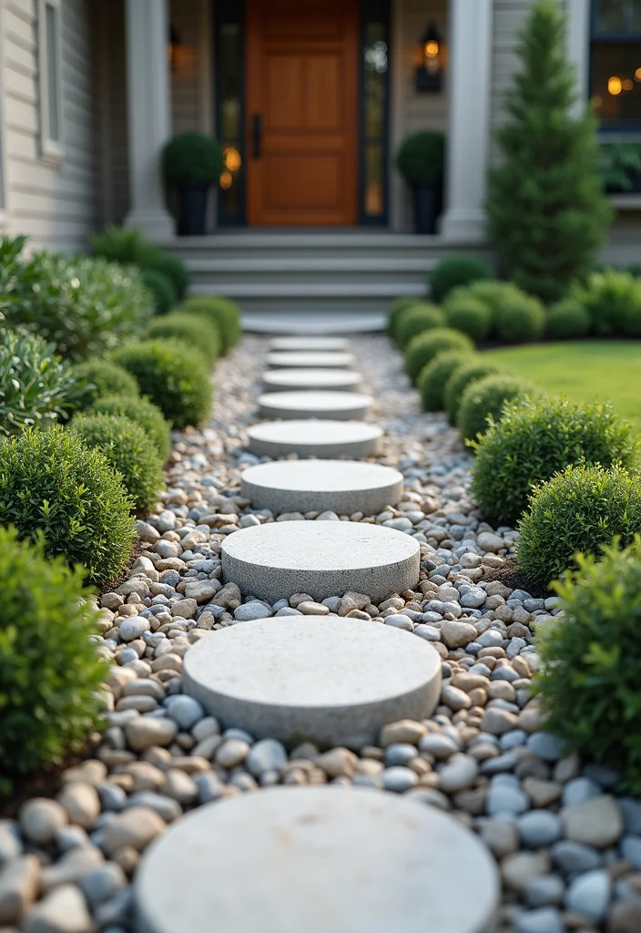 10 Front Porch Walkway Ideas for Smooth Attractive Access - 8. Layered Pebble and Plant Design