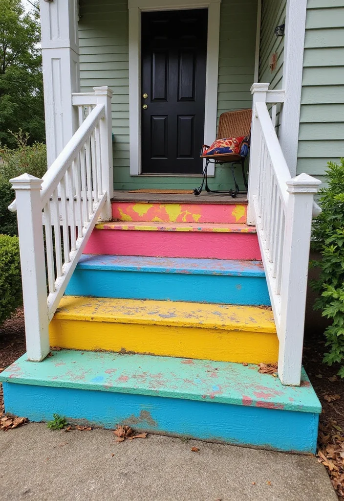 10 Front Porch With Steps Ideas for Better Entry Appeal - 4. Quirky Steps with Color