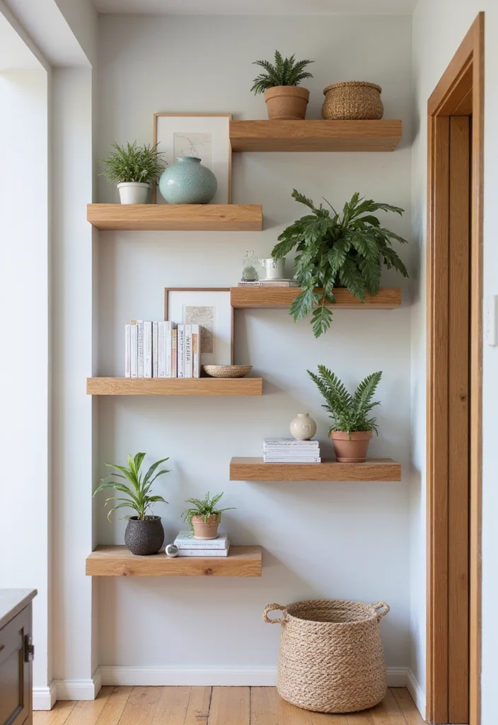 10 Hall Wall Decor Ideas for a Welcoming Pathway - 6. Wooden Shelves with Decor