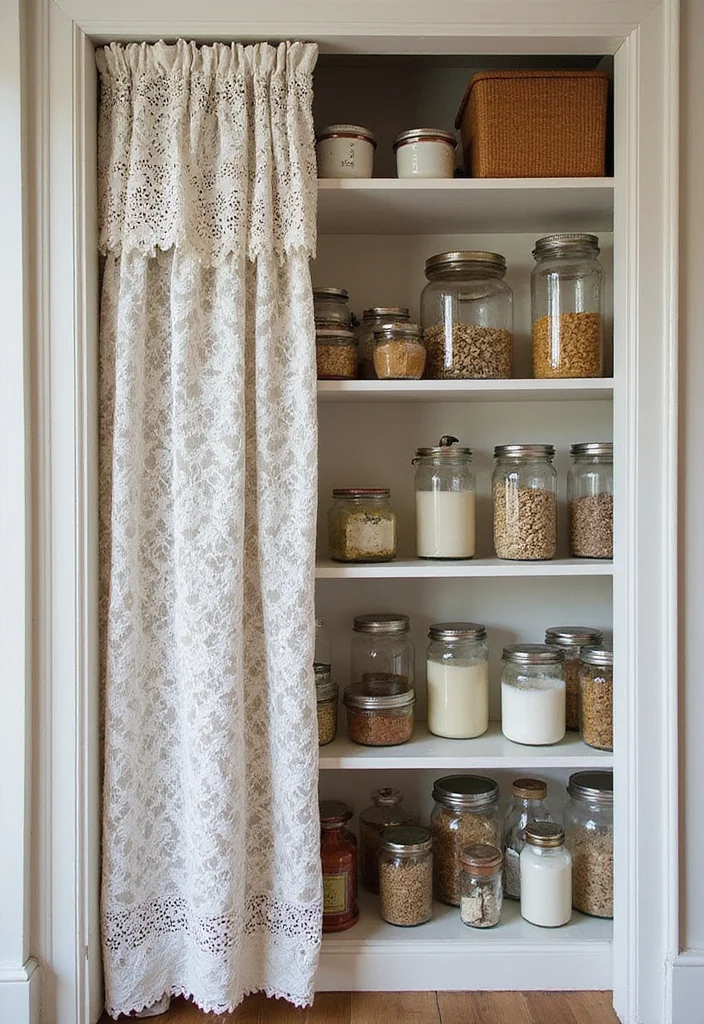 10 Pantry Curtain Ideas for Hidden Organized Storage - 1. Delicate Lace Panels
