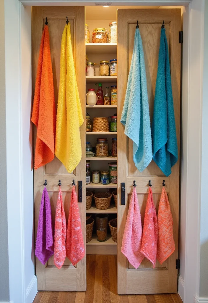 10 Pantry Curtain Ideas for Hidden Organized Storage - 10. Brightly Colored Towels for a Cheerful Look