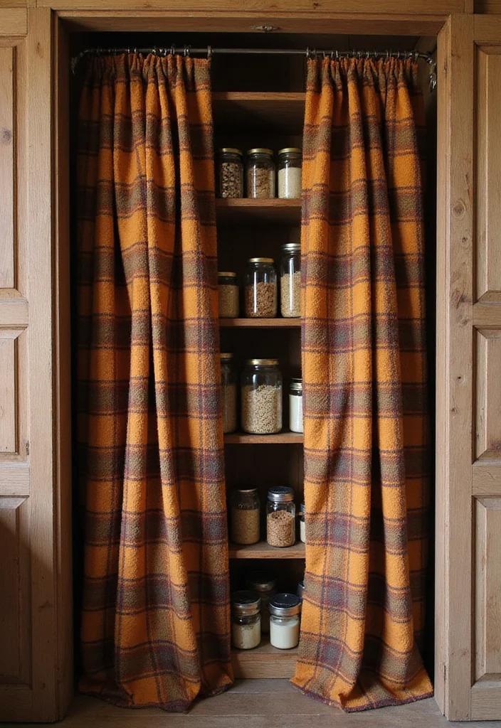 10 Pantry Curtain Ideas for Hidden Organized Storage - 2. Rustic Plaid Prints