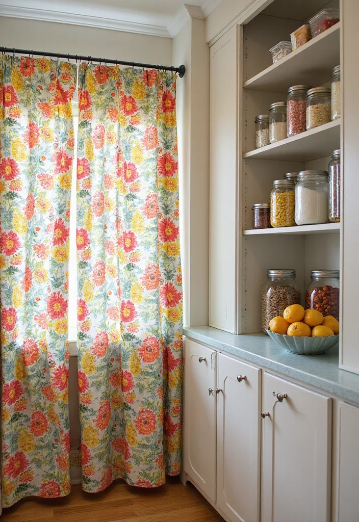10 Pantry Curtain Ideas for Hidden Organized Storage - 3. Floral Fabric Magic