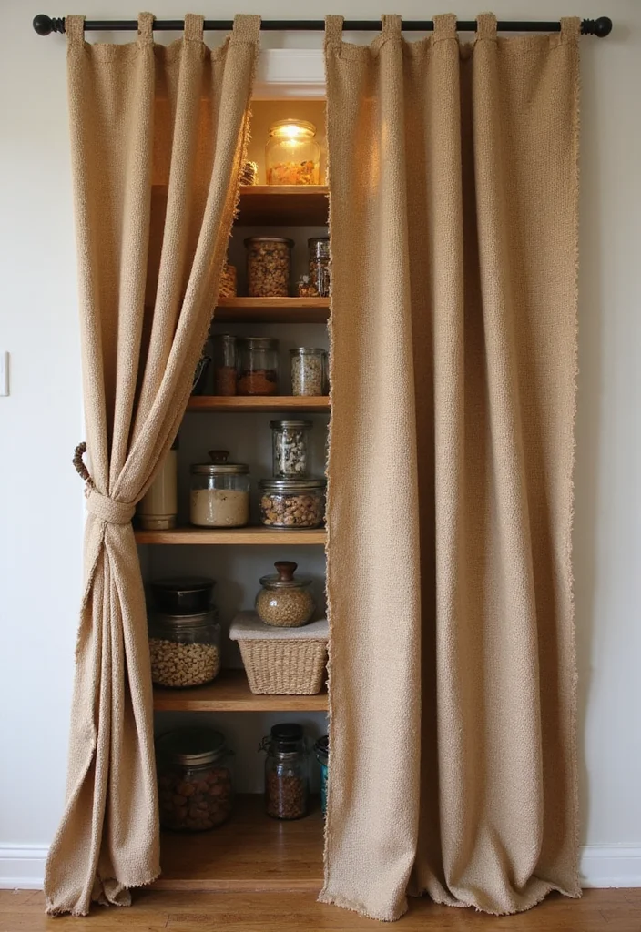 10 Pantry Curtain Ideas for Hidden Organized Storage - 4. Burlap for a Natural Touch