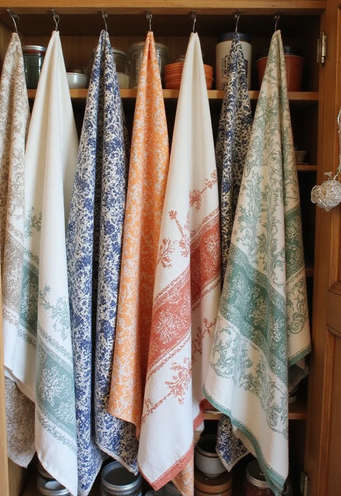 10 Pantry Curtain Ideas for Hidden Organized Storage - 6. Vintage Tea Towels as Curtains