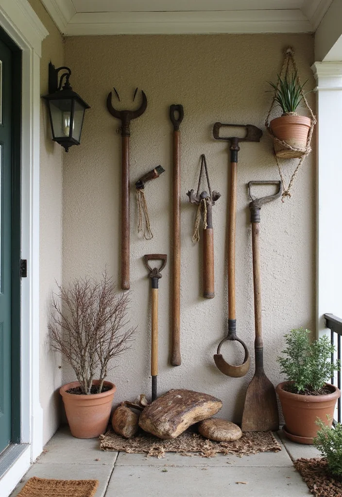 10 Porch Wall Decor Ideas for Inviting Outdoor Style 52 10 Porch Wall Decor Ideas for Inviting Outdoor Style - 6. Farm Tools as Wall Art