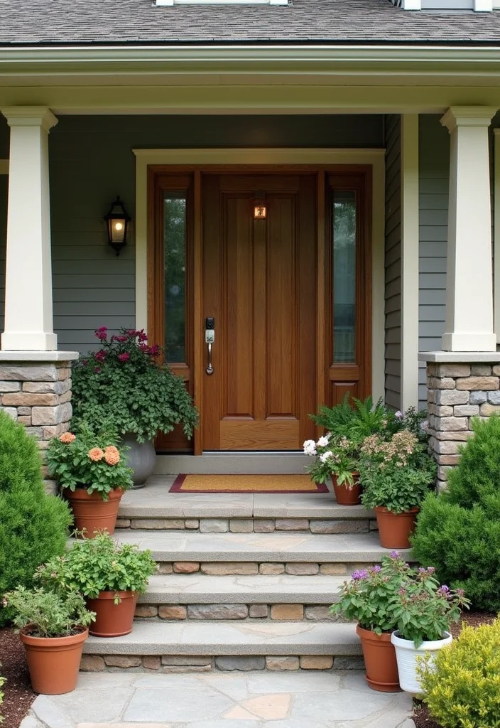 10 Split Level Front Porch Ideas for Structured Entry Design - 5. Potted Plants for Depth