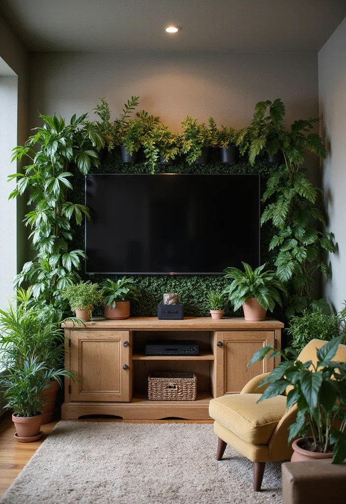 12 Basement TV Wall Ideas for Sleek Organized Viewing - 7. Incorporating Plants for Freshness