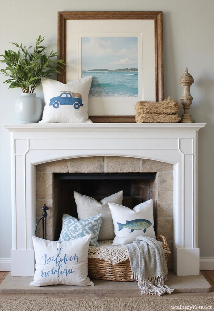 12 Coastal Fireplace Ideas for Breezy Relaxed Style - 12. Beachy Throw Pillows