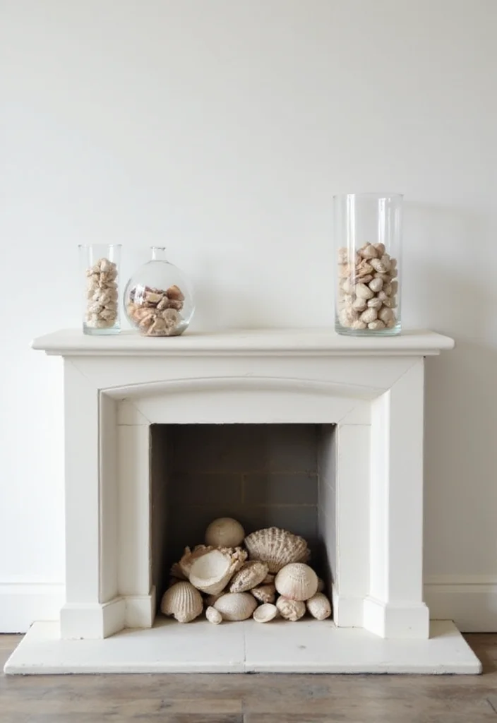 12 Coastal Fireplace Ideas for Breezy Relaxed Style - 3. Minimalist Seashells