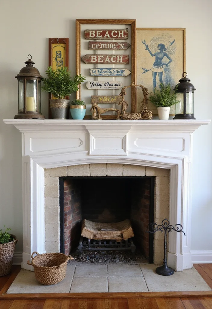 12 Coastal Fireplace Ideas for Breezy Relaxed Style - 8. Vintage Finds