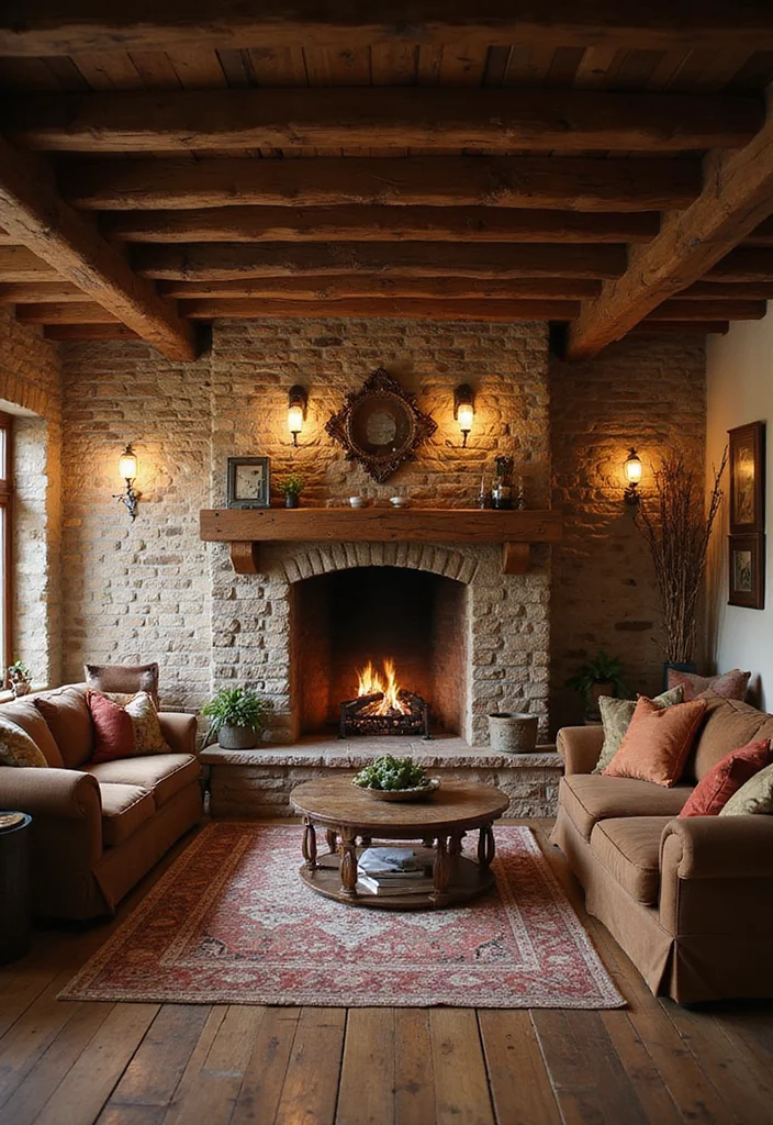 12 Fireplace Basement Ideas for Warm Inviting Spaces - 1. Rustic Wood Beam Charm