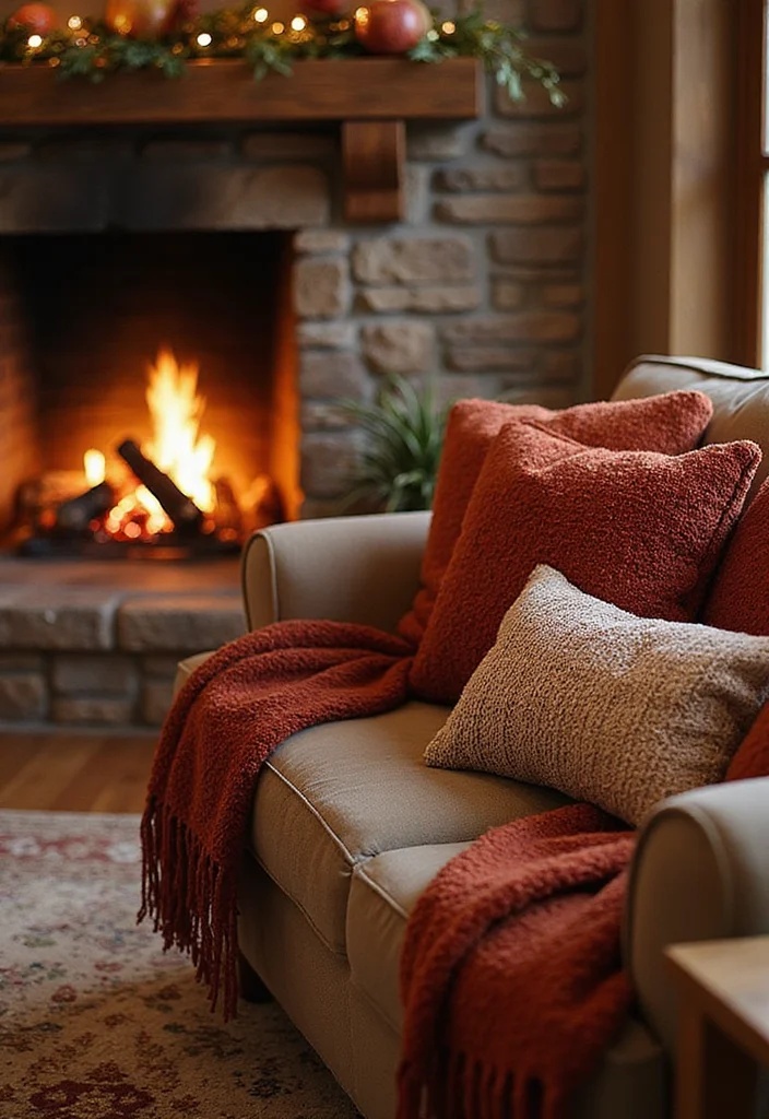 12 Fireplace Fall Decorating Ideas for Warm Seasonal Charm - 5. Textured Pillows and Throws