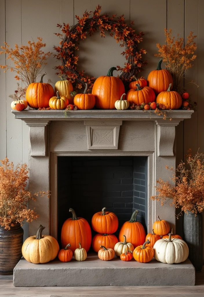 12 Fireplace Fall Decorating Ideas for Warm Seasonal Charm - 7. Whimsical Pumpkins and Gourds