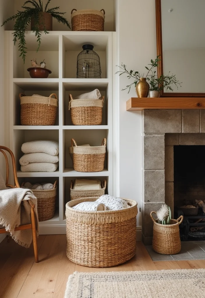 12 Fireplace Shelving Ideas for Functional Attractive Storage - 12. Stylish Baskets for Practicality