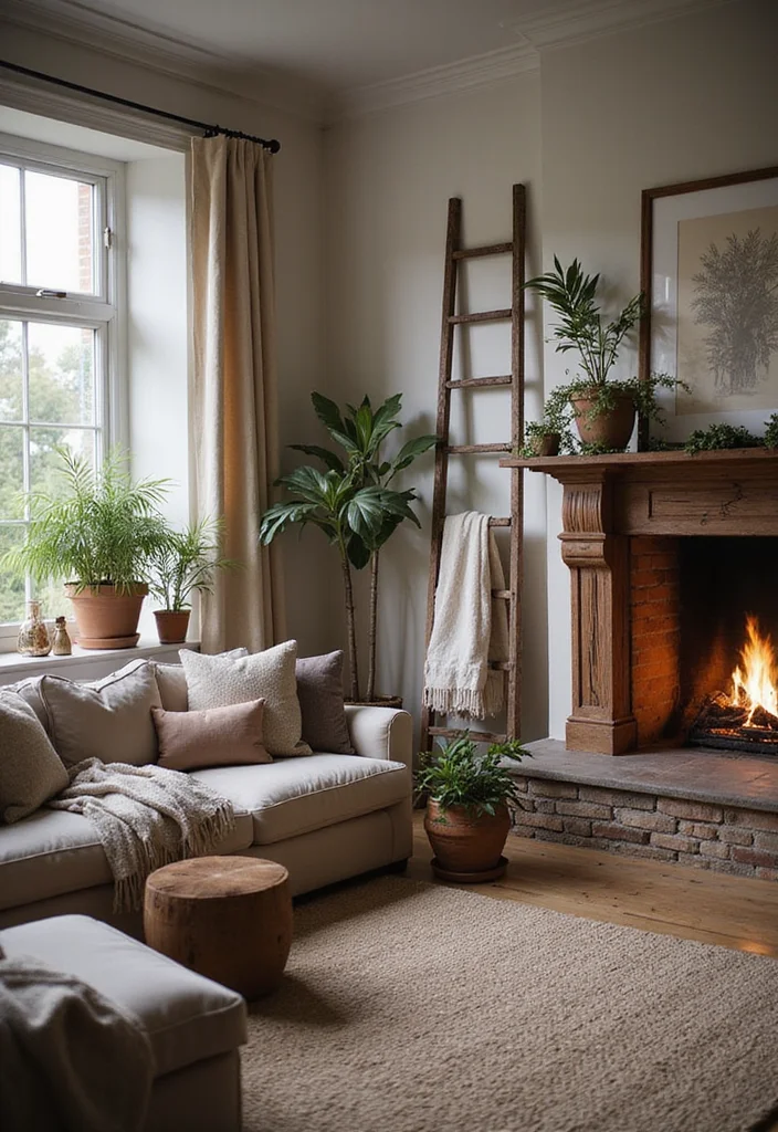 12 Fireplace Shelving Ideas for Functional Attractive Storage - 4. Rustic Ladder for Charming Display