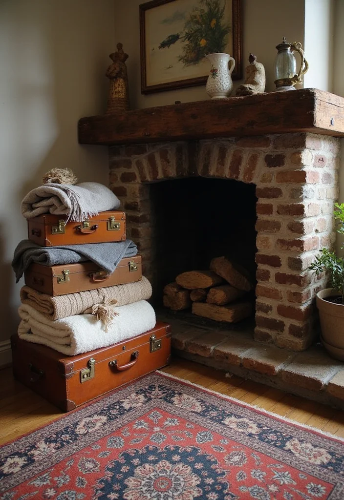 12 Fireplace Shelving Ideas for Functional Attractive Storage - 5. Vintage Suitcases as Unique Shelving