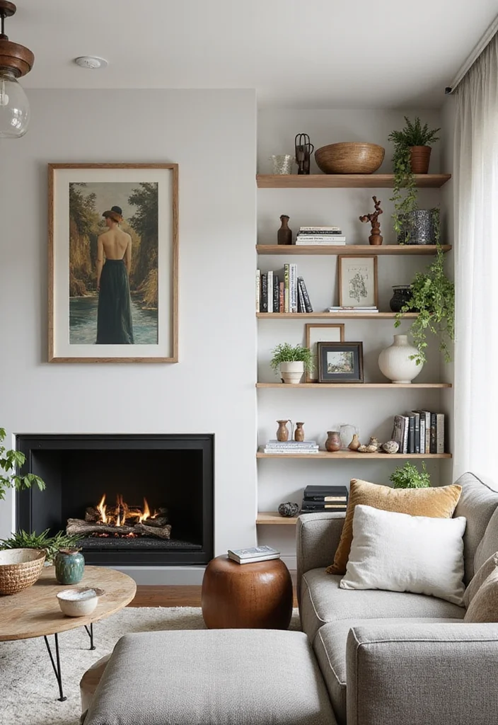 12 Fireplace Shelving Ideas for Functional Attractive Storage - 6. Artistic Corner Shelving