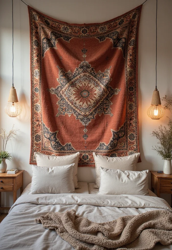 12 Large Bedroom Wall Decor Ideas for High Visual Impact - 9. Vintage Rugs on Walls