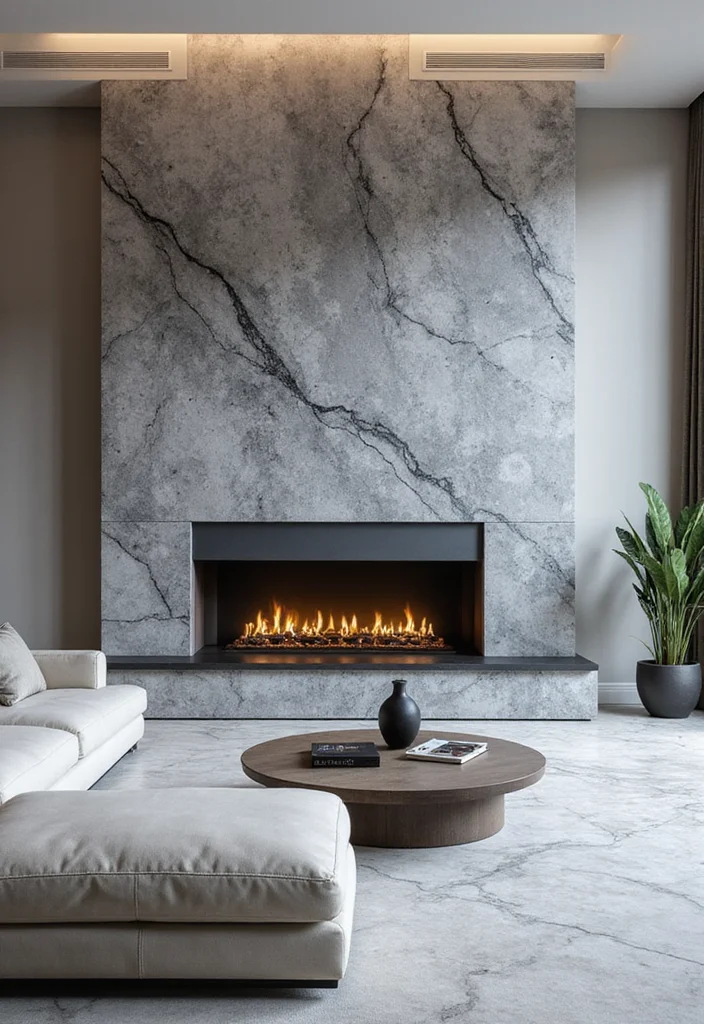 12 Living Room Fireplace Wall Ideas for a Defined Focal Point - 2. Monochrome Marble Elegance
