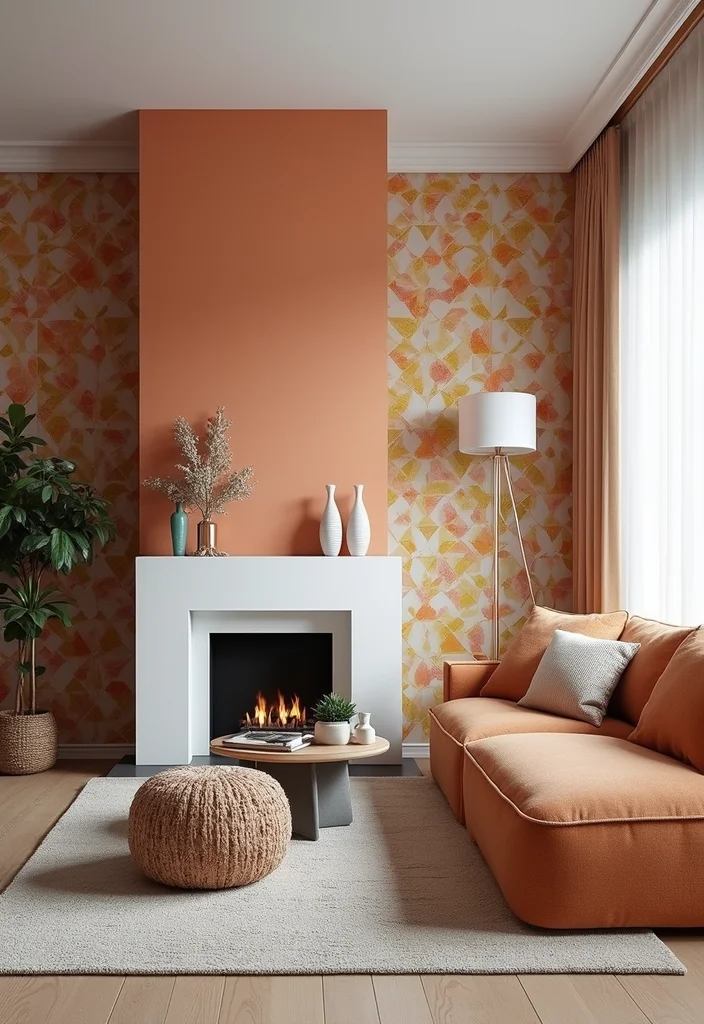 12 Living Room Fireplace Wall Ideas for a Defined Focal Point - 9. Graphic Wallpaper Accent