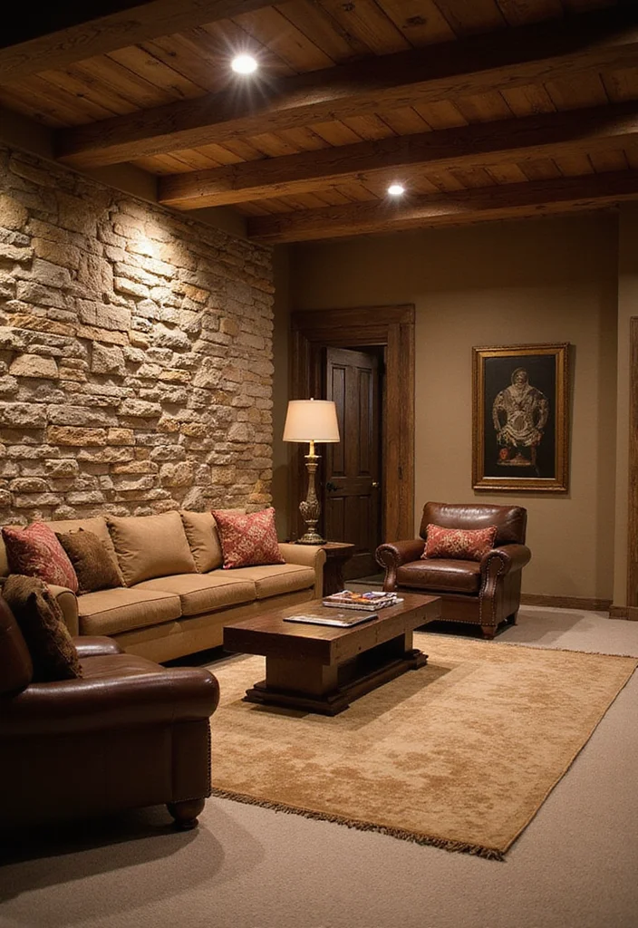 12 Rustic Basement Ideas for Cozy Natural Warmth - 2. Stone Feature Walls