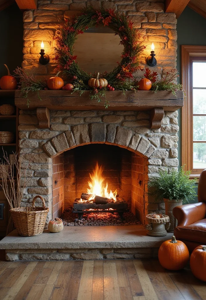 12 Rustic Fireplace Design Ideas for Natural Warm Texture - 12. Seasonal Decor