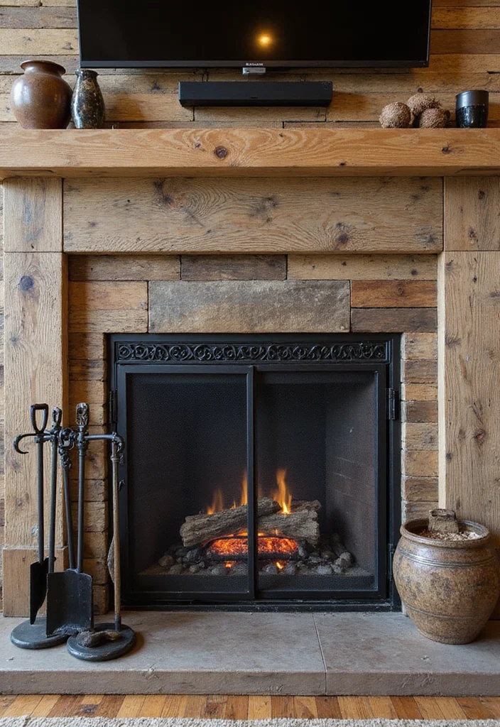 12 Rustic Fireplace Design Ideas for Natural Warm Texture - 3. Metal Accents