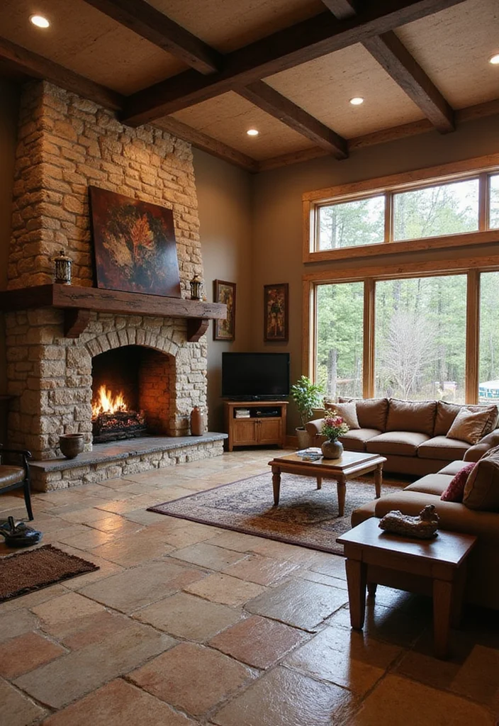 12 Rustic Fireplace Design Ideas for Natural Warm Texture - 5. Natural Stone Flooring