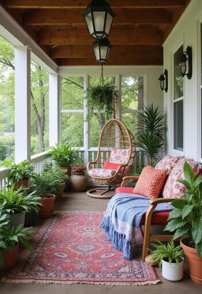 12 Screened In Front Porch Ideas for Comfortable Bug Free Living - 4. Stylish Bohemian Oasis