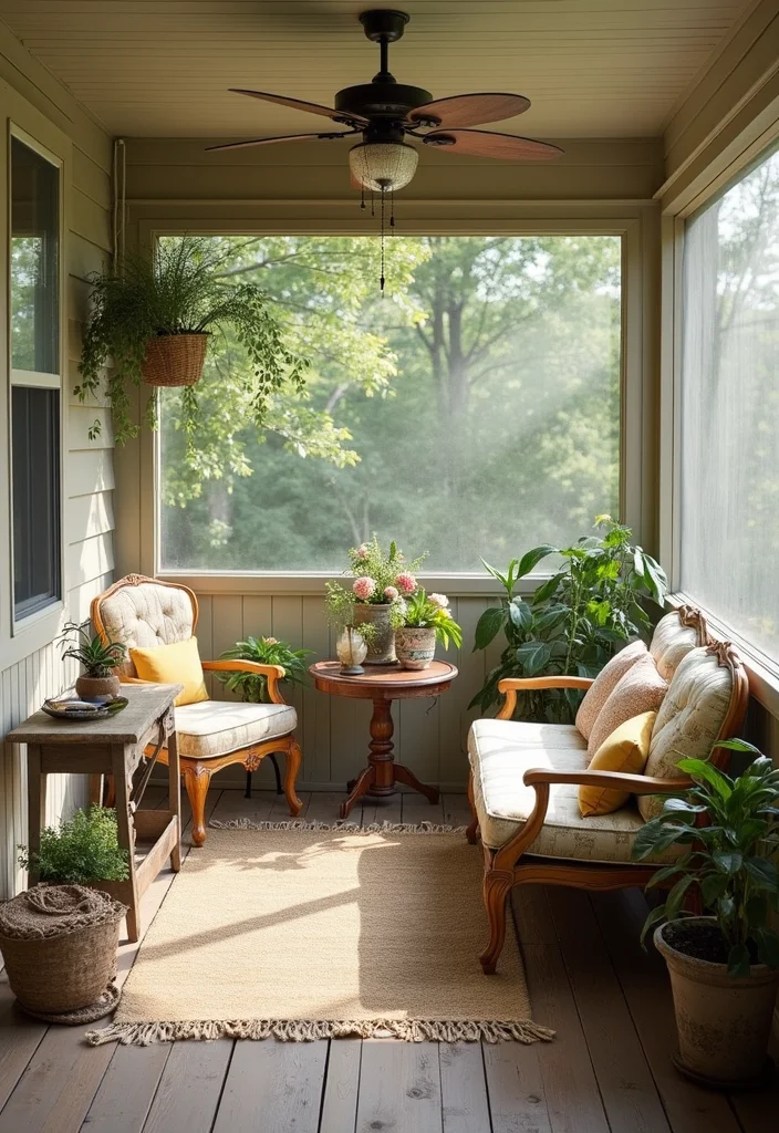 12 Screened In Front Porch Ideas for Comfortable Bug Free Living - 5. Vintage Vibes with Antique Accents