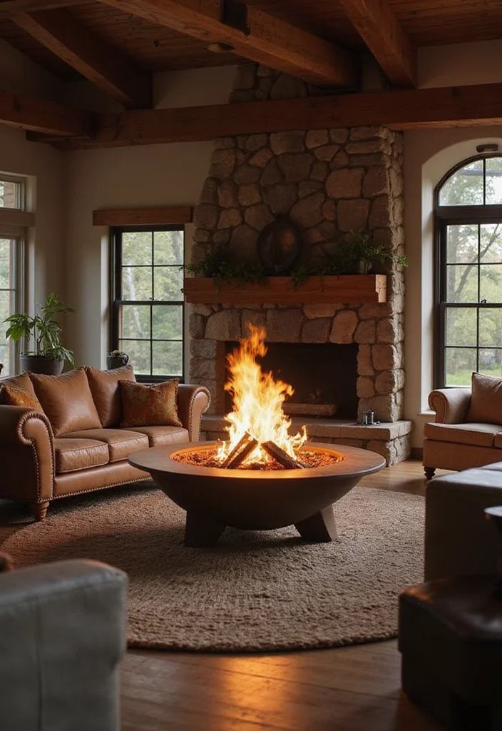 12 Wood Burner Fireplace Ideas for Warm Rustic Charm - 6. Open Fire Pit in the Living Room