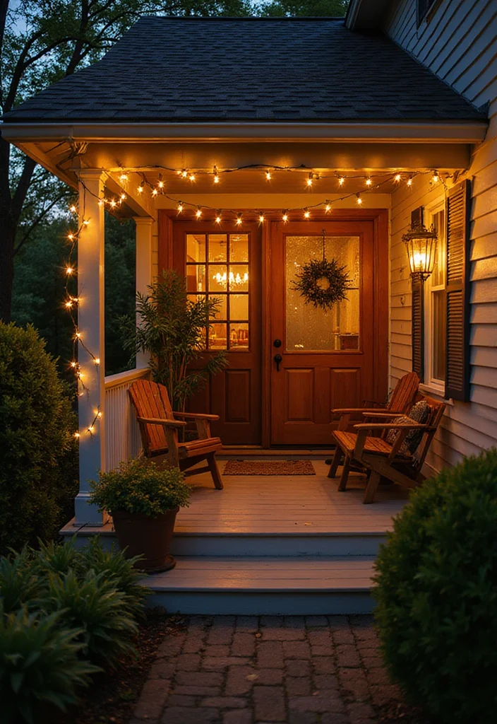 12 Wooden Front Porch Ideas for Warm Rustic Welcome - 11. String Lights for Ambiance