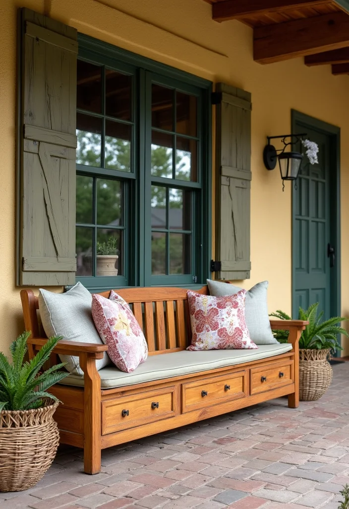 12 Wooden Front Porch Ideas for Warm Rustic Welcome - 6. Wooden Bench with Storage