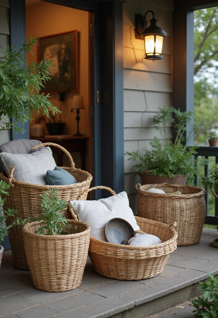 12 Wooden Front Porch Ideas for Warm Rustic Welcome - 8. Woven Baskets for Storage