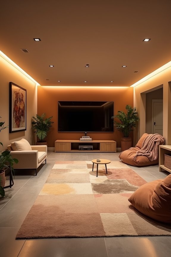 divide basement into zones with rugs lighting seating flow