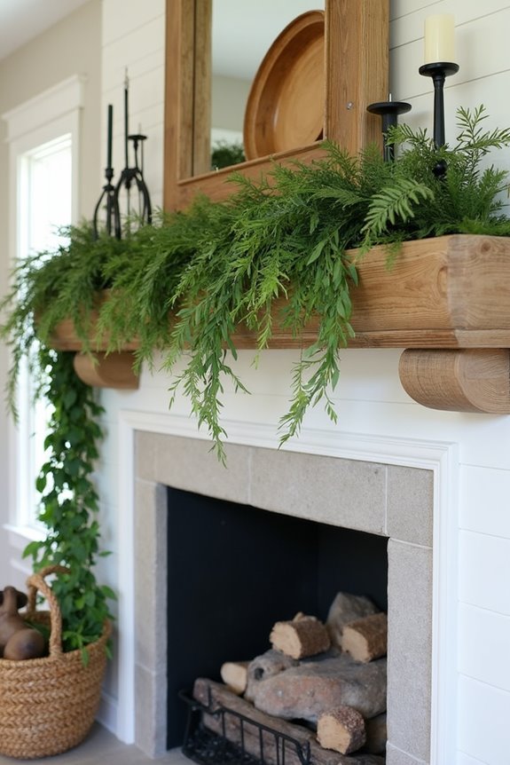 faux greenery anchors mantel height